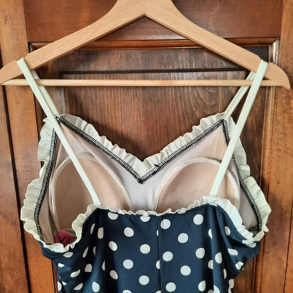 Bettie Page Retro Polka Dot Ruffle Trim One Piece Swim Dress Navy Blue Size 16W - Picture 10 of 16